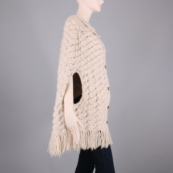 Vintage 60s Crochet Sweater Knit Fringe Poncho - Picture 2 of 6